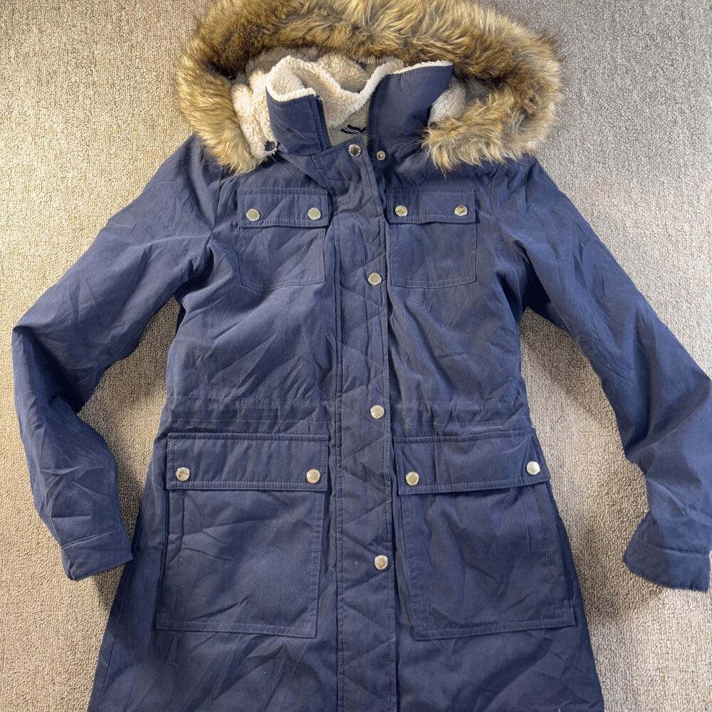 Nautica Women’s Long Parka Hooded Sherpa Lined Small Blue